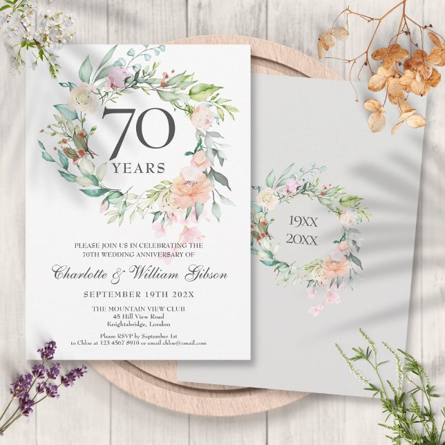 Invitation Rose Floral Garland 70e anniversaire de Mariage (Roses Floral Garland 70th Wedding Anniversary Invitation)