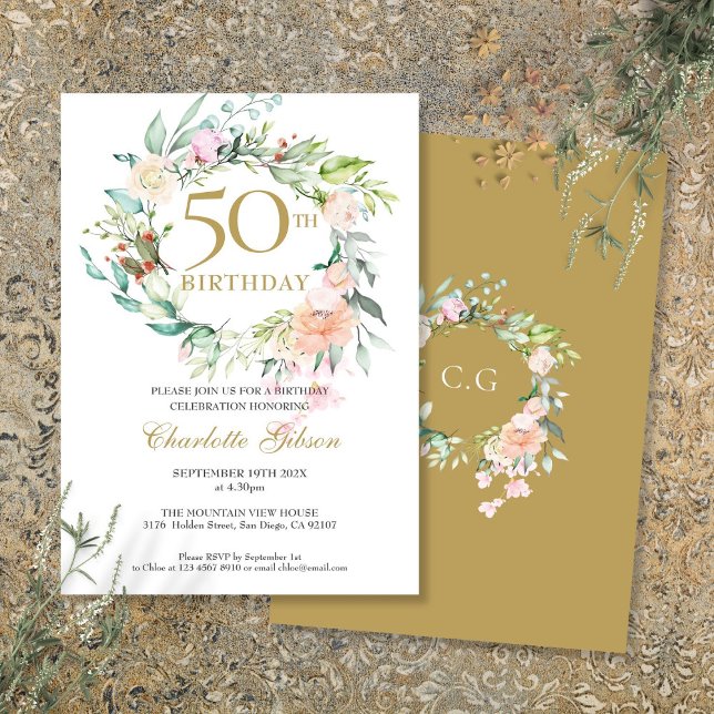 Invitation Rose Floral Garland Monogramme 50e anniversaire (Roses Floral Garland Monogram 50th Birthday Invitation)
