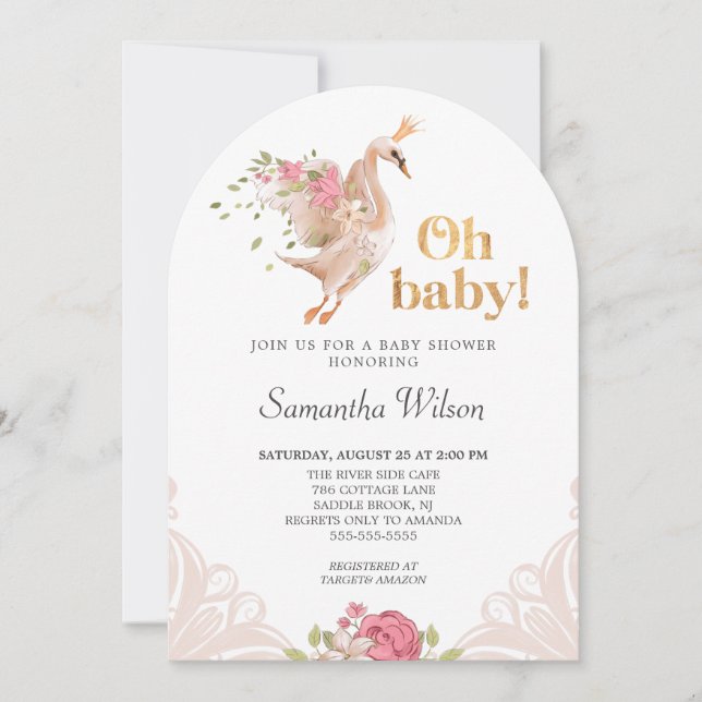 Invitation Rose Floral Girl mignonne Swan Princess Baby showe (Devant)