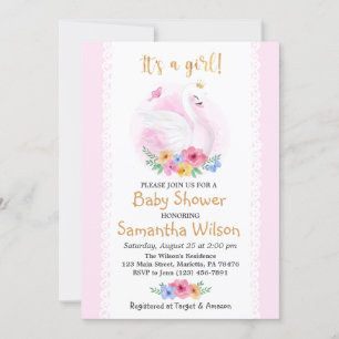 Invitation Rose Floral Girl mignonne Swan Princess Baby showe