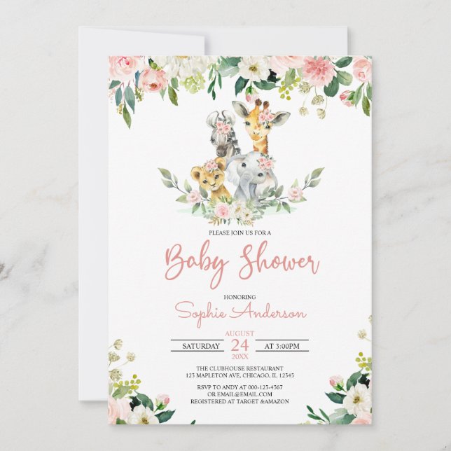 Invitation Rose Floral Girl Safari Jungle Animaux Baby shower (Devant)