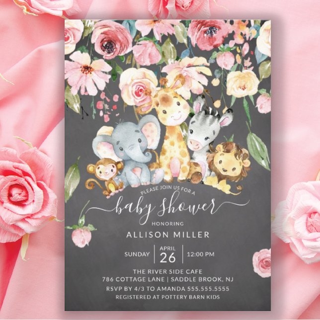 Invitation Rose Floral Girls Safari Animaux Baby shower (Créateur téléchargé)