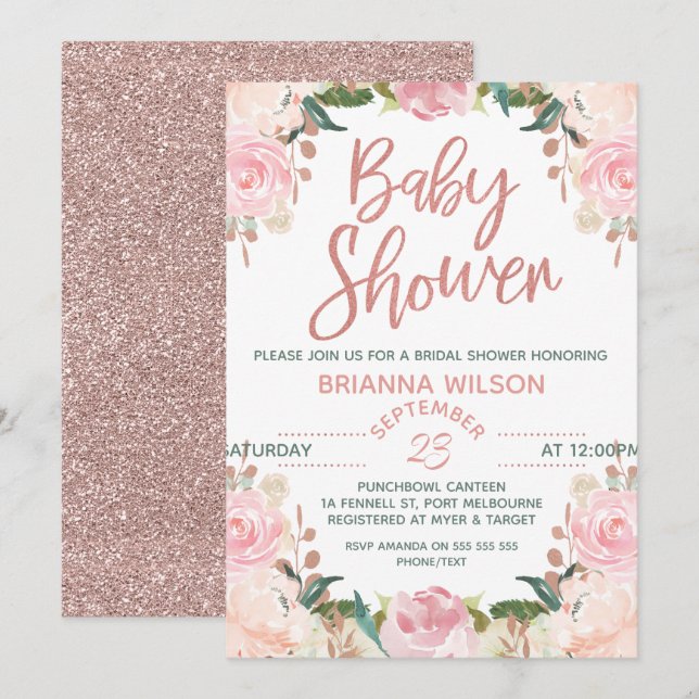 Invitation Rose Floral Gold Baby shower (Devant / Derrière)