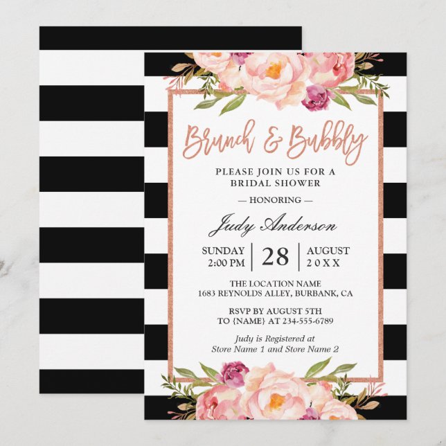 Invitation Rose Floral Gold Brunch et Fête des mariées Bubbly (Devant / Derrière)
