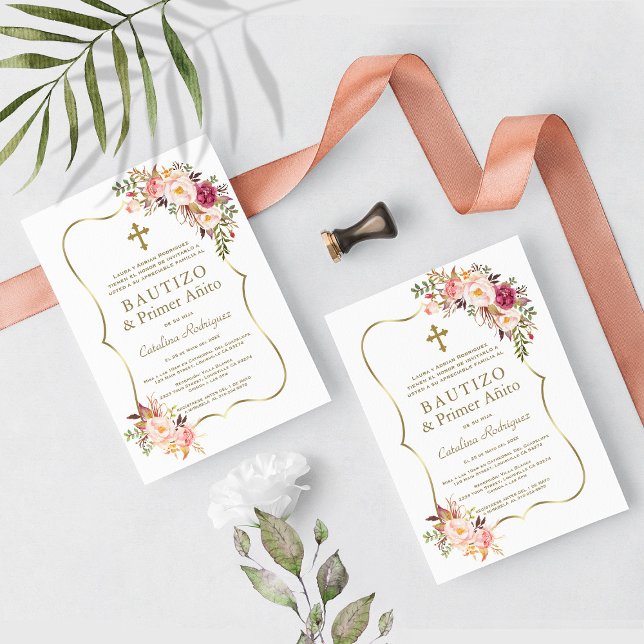 Invitation Rose Floral Gold Espagnol fille 1er anniversaire B (Créateur téléchargé)