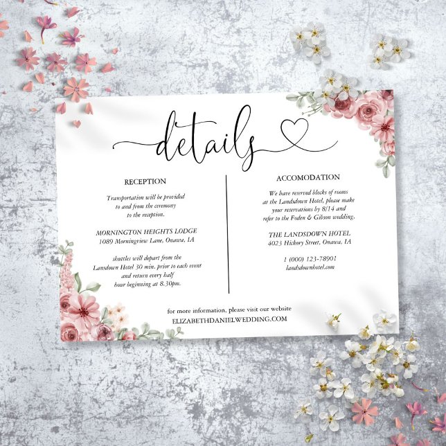 Invitation Rose Floral Heart Script Détails Fiche d'informati (Roses Floral Heart Script Details Information Card)