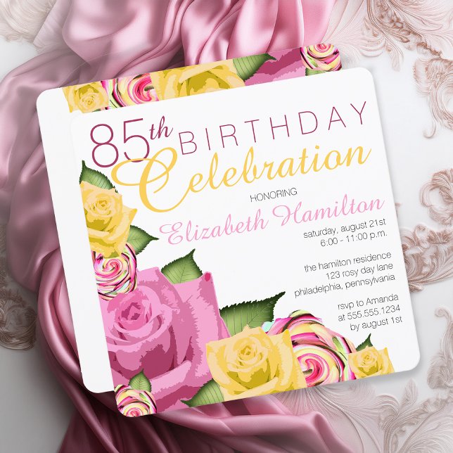 Invitation Rose | Floral Jaune 85e anniversaire Fête (Elegant Pink and Yellow Floral 85th Birthday Celebration Invitation - Print | Digital Download)