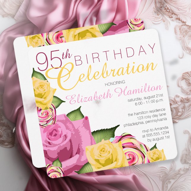 Invitation Rose | Floral Jaune 95e fête d'anniversaire (Elegant Pink and Yellow Floral 95th Birthday Celebration Invitation - Print | Digital Download)