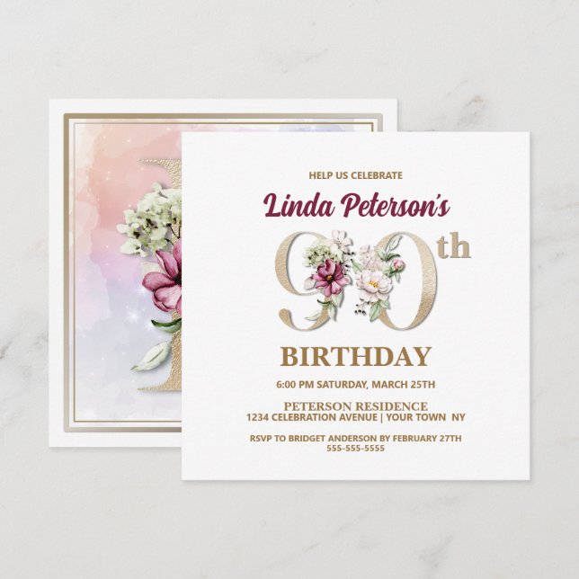 Invitation Rose Floral L 90e fête d'anniversaire (Devant / Derrière)