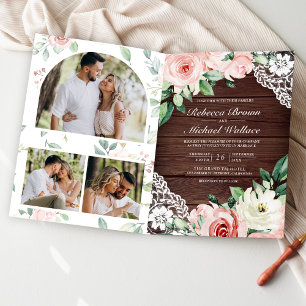 Invitation Rose Floral Lace Bois Rustique Code QR Mariage