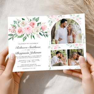 Invitation Rose Floral Mariage Code QR Tout en Un