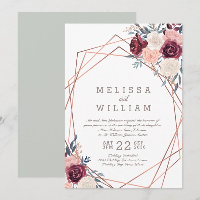Invitation Rose floral Mariage géométrique Bourgogne ivoire (Devant / Derrière)