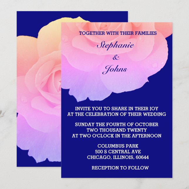 Invitation Rose Floral Marine bleu Rose Rose Mariage (Devant / Derrière)