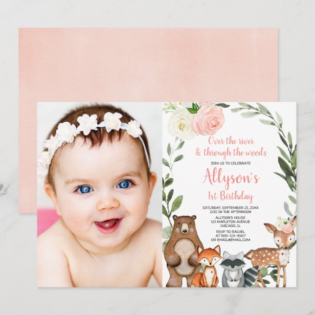 Invitation Rose floral mignon boisé fille 1er anniversaire ph (Devant / Derrière)