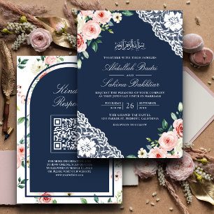 Invitation Rose Floral Navy Blue Lace QR Code Musulman Mariag