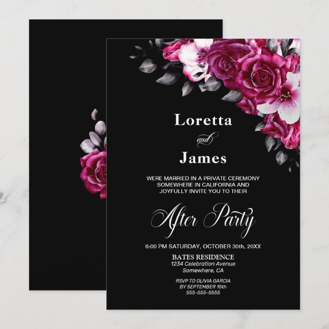 Invitation Rose Floral Noir Mariage Réception (Devant / Derrière)