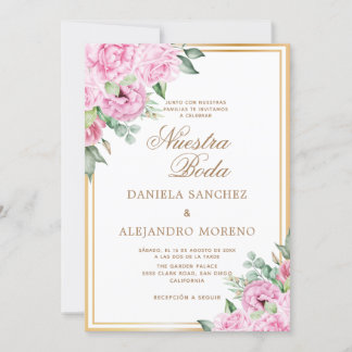 Invitation Rose Floral or Nuestra Boda Mariage espagnol