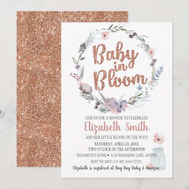 Invitation Rose Floral Parties scintillant Or Baby Dans Douch (Devant / Derrière)