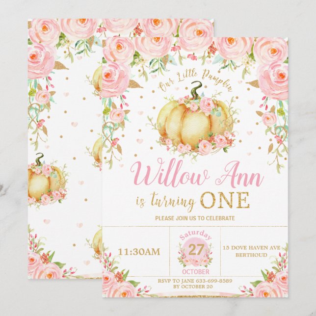 Invitation Rose Floral Petite fille Citrouille 1er premier an (Devant / Derrière)