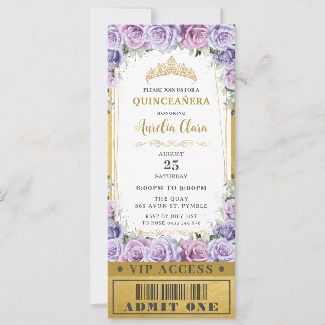Invitation Rose floral pourpre Quinceañera Sweet 16 VIP Ticke (Devant)