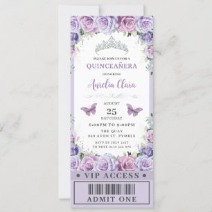 Invitation Rose floral pourpre Quinceañera Sweet 16 VIP Ticke