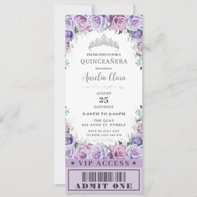 Invitation Rose floral pourpre Quinceañera Sweet 16 VIP Ticke (Devant)