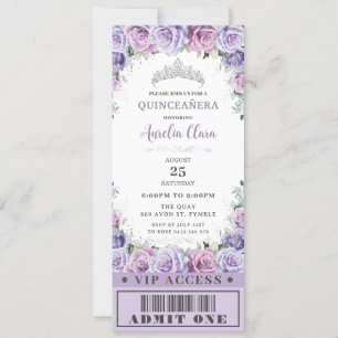 Invitation Rose floral pourpre Quinceañera Sweet 16 VIP Ticke