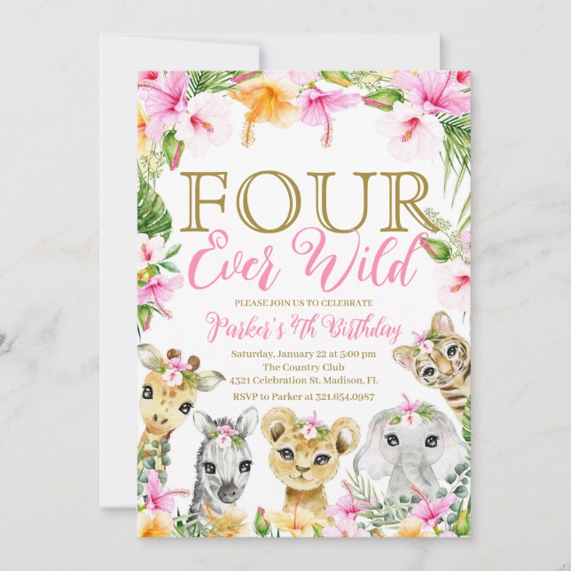 Invitation Rose Floral Quatre jamais sauvage Jungle Fille Ann (Devant)