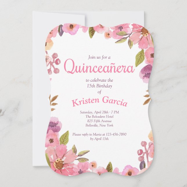 Invitation Rose Floral Quinceañera (Devant)