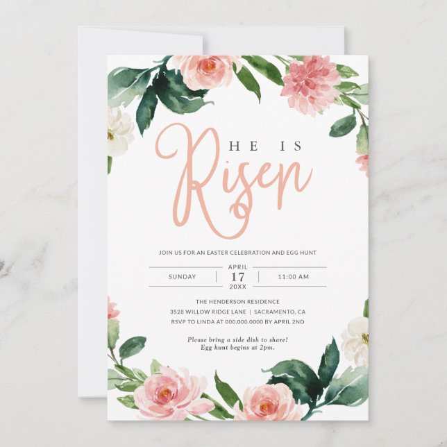 Invitation Rose Floral Religieux Il est ressuscité Brunch de  (Devant)