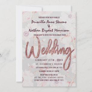 Invitation Rose floral rose gris or Mariage manuscrit