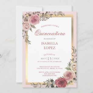 Invitation Rose floral rose pâle Gold Quinceañera Invitatiati