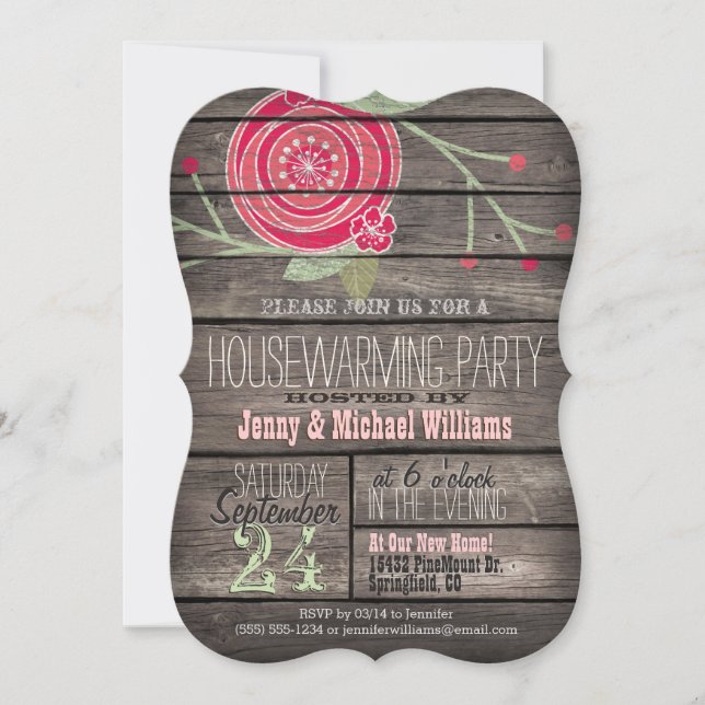 Invitation Rose Floral Rustique Pays Bois House Party (Devant)