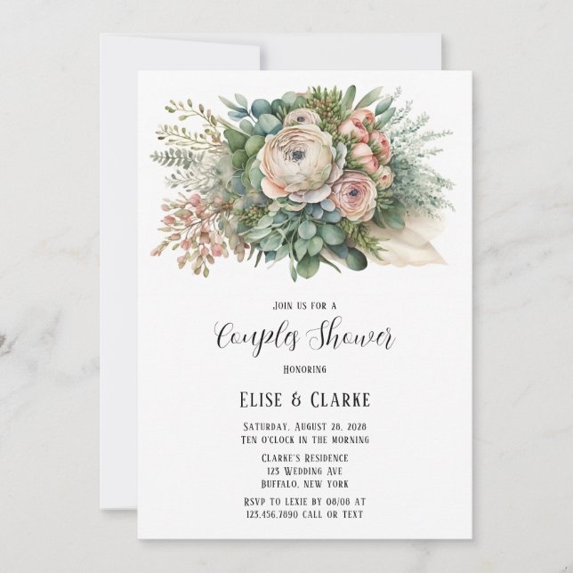 Invitation Rose Floral Sage Vert Couples Douche (Devant)