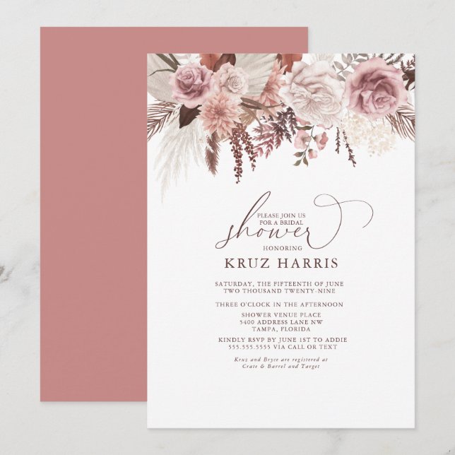 Invitation Rose floral séché Palm & Pampas Fête des mariées B (Devant / Derrière)