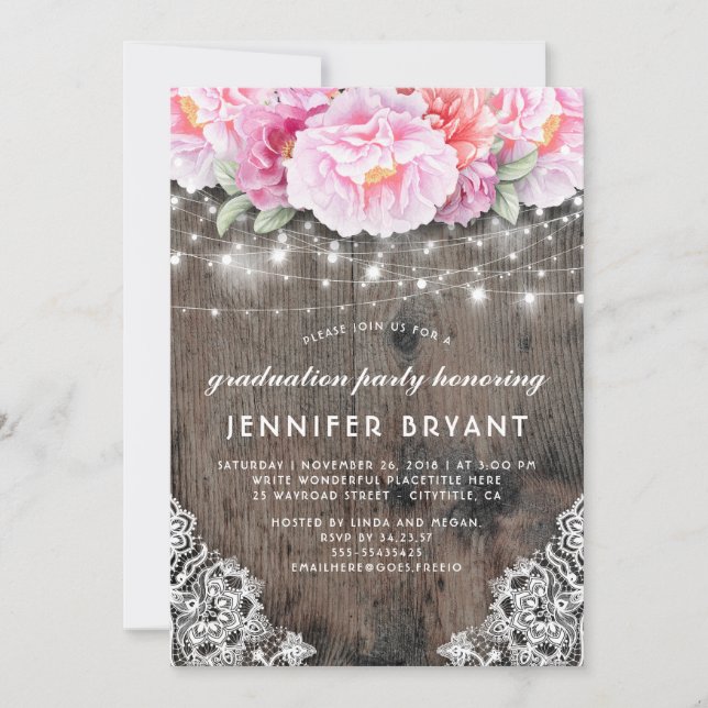 Invitation Rose Floral String éclaire Rustic Graduation Party (Devant)