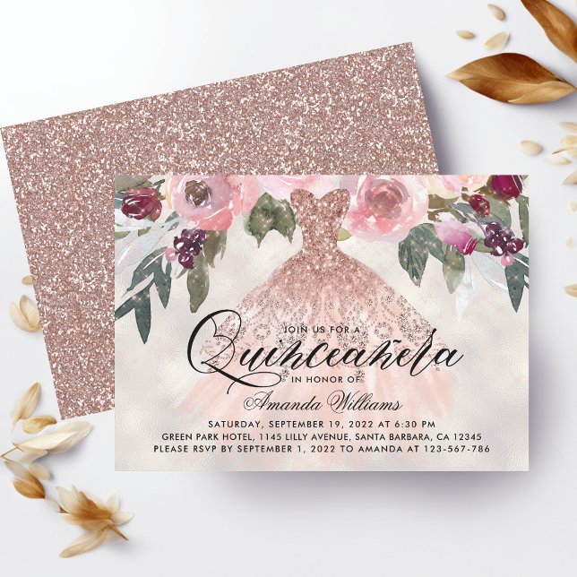 Invitation Rose floral tendance Gold Gown Quinceañera (Créateur téléchargé)
