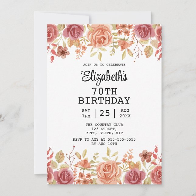 Invitation Rose Floral Terracotta Brown 70e anniversaire (Devant)