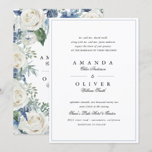 Invitation Rose Florale Bleu Poussiéreux Élégant Classique Ma