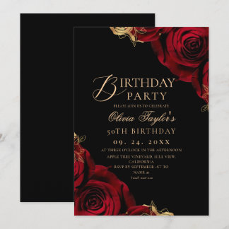 Invitation Rose Florale Bourgogne Noire 50e Anniversaire