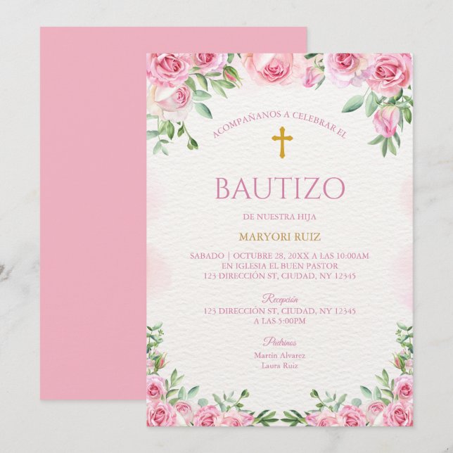 Invitation Rose florale fille baptême aquarelle rose (Devant / Derrière)