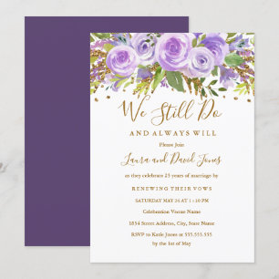 Invitation Rose Florale Pailletée Or Purpure Renouvellement d