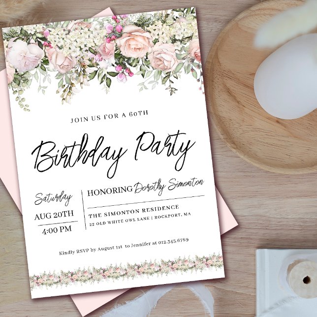 Invitation Rose Florale Rose Élégante 60e Anniversaire (Coordinating welcome signs and party supplies available. Message me for help finding them!)
