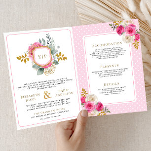 Invitation Rose florale rose fuchsia Tout en un Crest Mariage