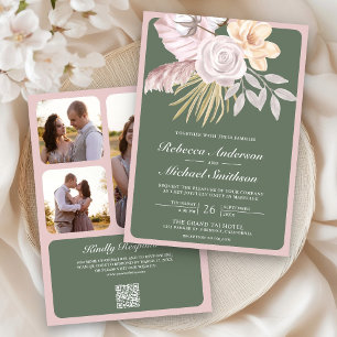 Invitation Rose Florale Verte Sage Rustique Code QR Mariage