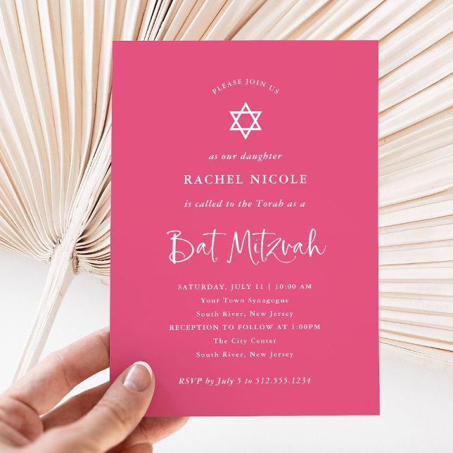 Invitation Rose foncé avec calligraphie blanche | BAT MITZVAH (A pretty, dark pink Bat Mitzvah invitation with elegant white calligraphy and a Star of David)