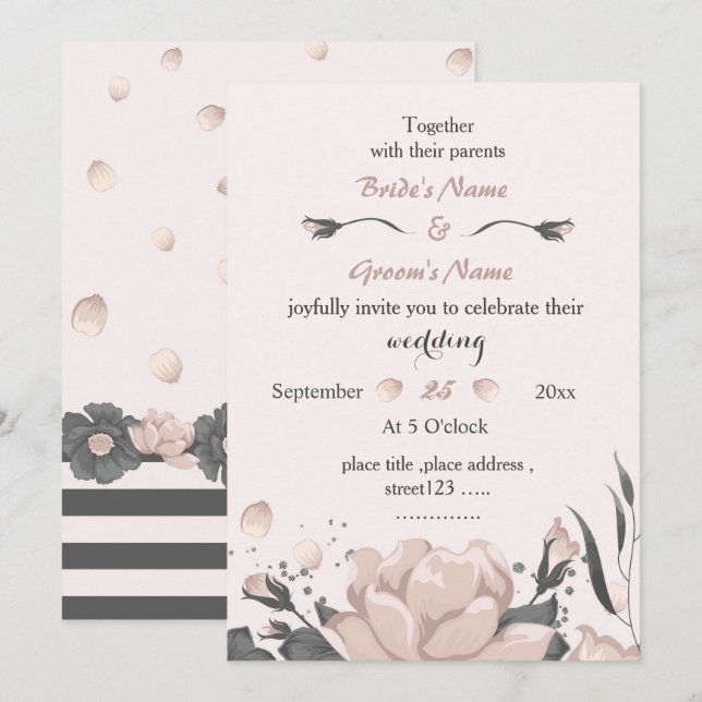 Invitation rose foncé poussiéreux fleurs gris foncé extraordi (Devant / Derrière)