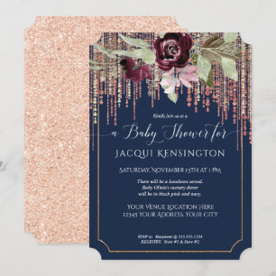 Invitation Rose Fringe Gold Burgundy Floral Baby shower