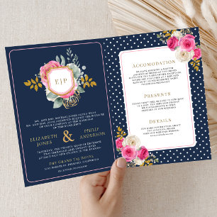 Invitation Rose Fuchsia Floral Tout en Un Crest Navy Mariage