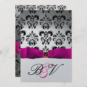 INVITATION ROSE FUCHSIA RIBBON ARGENT NOIR DAMASK MONOGRAM